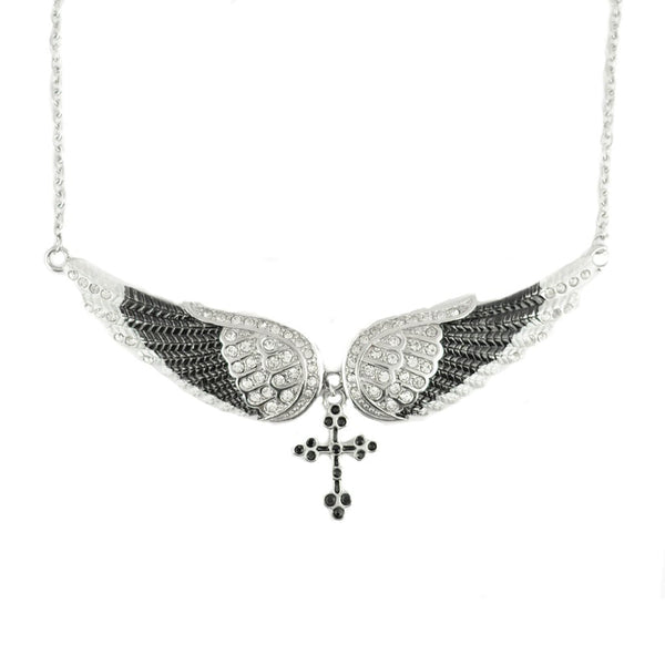 Sk2242 Black Painted Winged Necklace With Cross White Imitation Crystals Necklaces