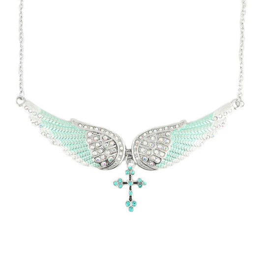 Sk2244 Seafoam Green Painted Winged Necklace With Cross White Imitation Crystals Necklaces