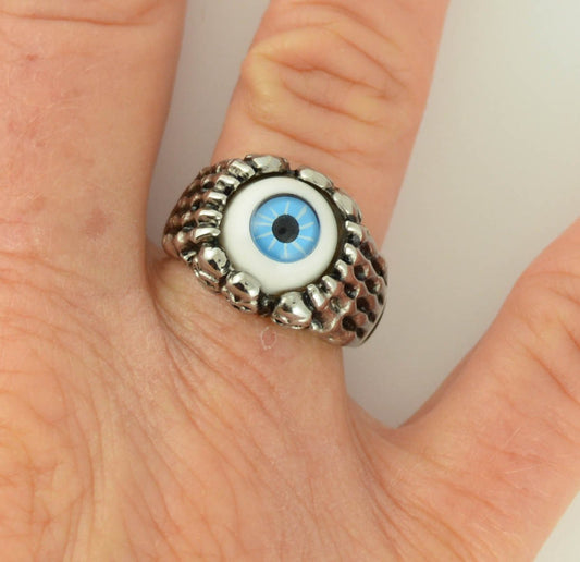 Sk1053 Ladies Blue Eyeball Ring Stainless Steel Motorcycle Jewelry Sizes 5-10 Rings