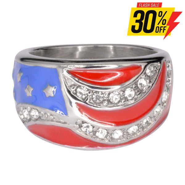 Sk1006 Ladies American Flag Ring Imitation Diamonds Stainless Steel Patriotic Jewelry Rings