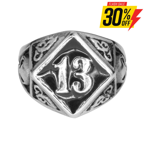 Sk1043 Men’s Lucky 13 Ring Stainless Steel Motorcycle Jewelry Size 9-15 Rings