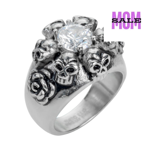 Sk1049 Ladies Six Skull & Roses Imitation Diamond Ring Stainless Steel Motorcycle Jewelry Size 5 -