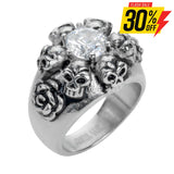 Sk1049 Ladies Six Skull & Roses Imitation Diamond Ring Stainless Steel Motorcycle Jewelry Size 5 -