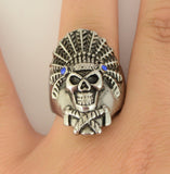 Sk1071 Indian Headdress Blue Stones In Eyes Stainless Steel Motorcycle Jewelry Size 9-15 Rings