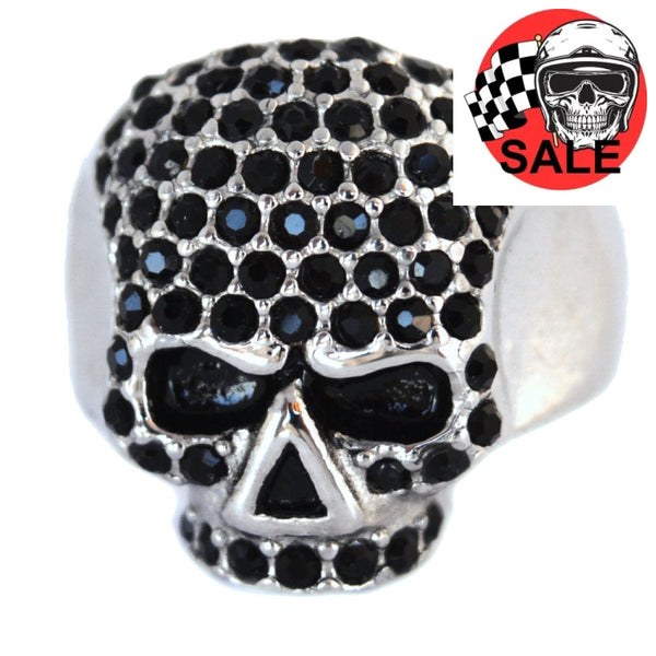 Sk1075B Ladies Bling Skull Imitation Black Diamond Ring Stainless Steel Motorcycle Jewelry Size