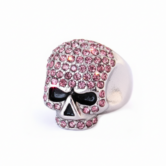 SK1075P Ladies Bling Skull Imitation Pink Diamond Ring Stainless Steel Motorcycle Jewelry Size 6-10 Rings