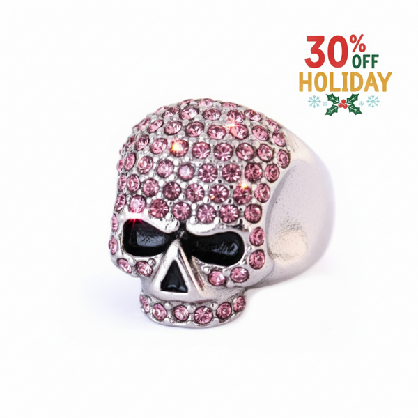 SK1075P Ladies Bling Skull Imitation Pink Diamond Ring Stainless Steel Motorcycle Jewelry Size 6-10 Rings