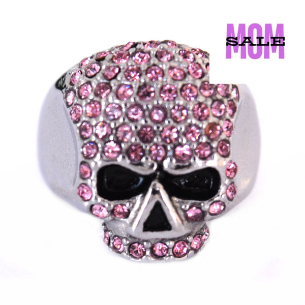 Sk1075P Ladies Bling Skull Imitation Pink Diamond Ring Stainless Steel Motorcycle Jewelry Size 6 -
