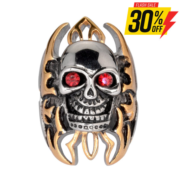 Sk1078 Skull Flames Gold Tone Ring 1 1/2’’ Tall Imitation Rubt Eyes Stainless Steel Motorcycle