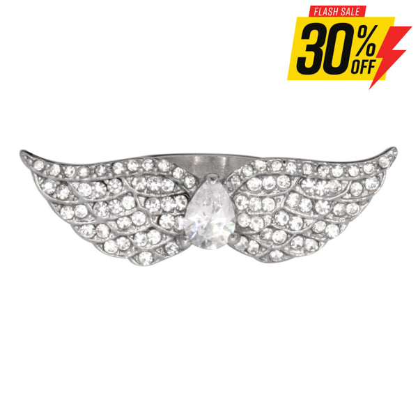 Sk1080 Wings White Crystal Pear Center Ring Stainless Steel Motorcycle Jewelry Size 6-10 Rings