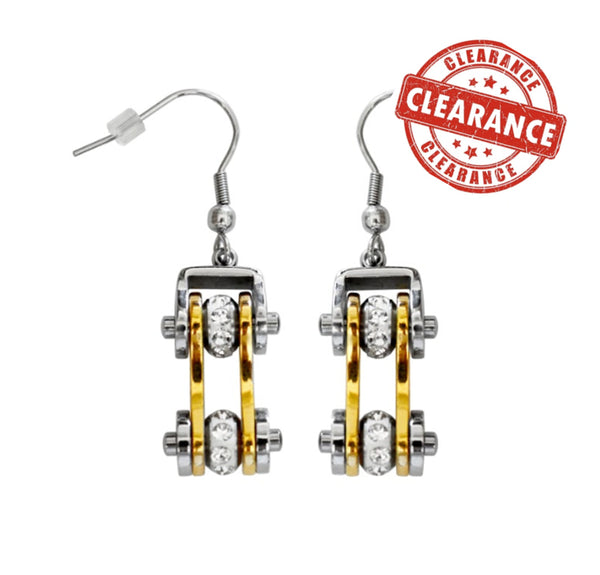 Sk1096E Two Tone Silver Gold With Crystal Centers Bike Chain Earrings Stainless Steel Motorcycle