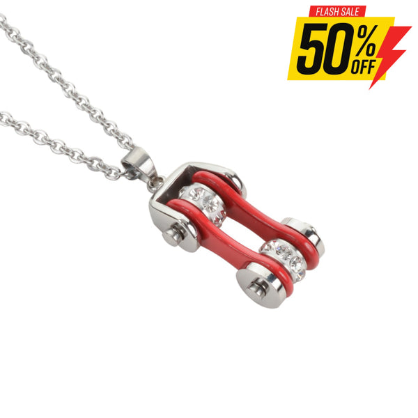 Sk1101N Ladies Bike Chain Silver Red Crystal Bling Necklace 19’’ Stainless Steel Motorcycle