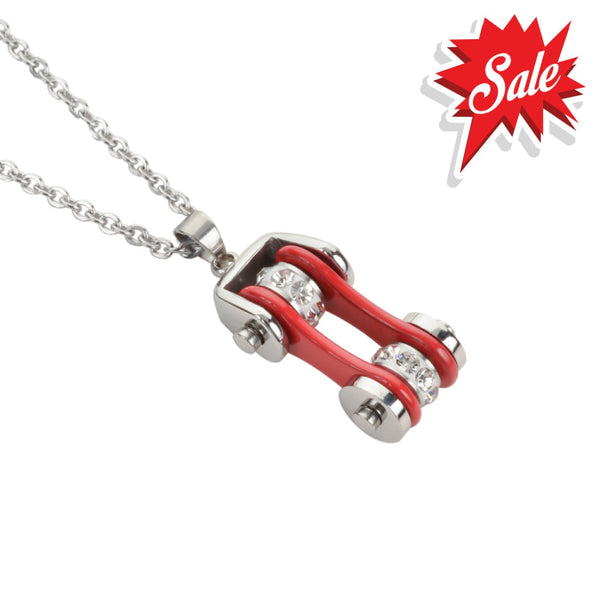 Sk1101N Ladies Bike Chain Silver Red Crystal Bling Necklace 19’’ Stainless Steel Motorcycle