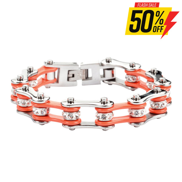 Sk1102 1/2’’ Wide Two Tone Silver Orange With White Crystal Centers Stainless Steel Motorcycle