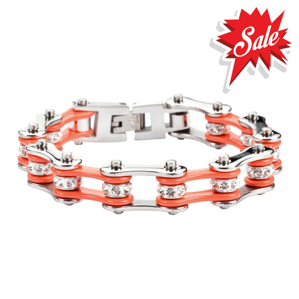 Sk1102 1/2’’ Wide Two Tone Silver Orange With White Crystal Centers Stainless Steel Motorcycle