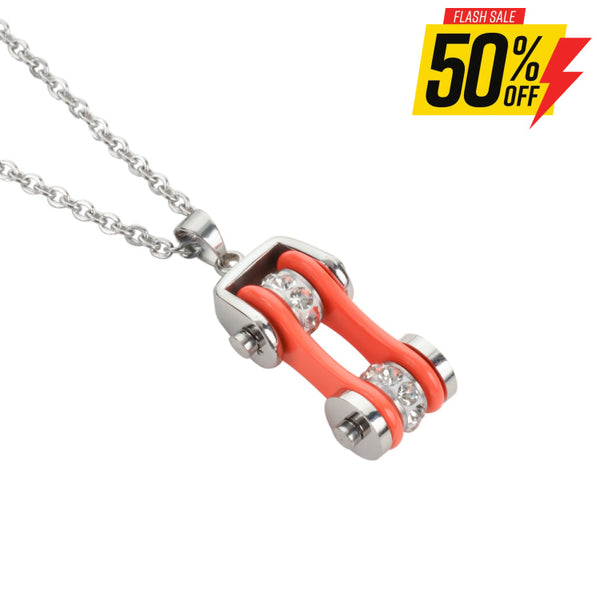 Sk1102N Ladies Bike Chain Silver Orange Crystal Bling Necklace 19’’ Stainless Steel Motorcycle