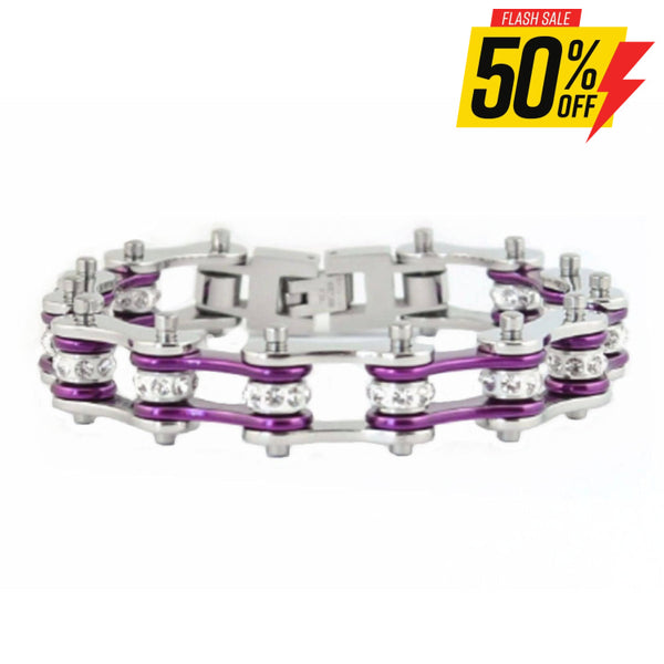 Sk1103 1/2’’ Wide Two Tone Silver Candy Purple With White Crystal Centers Stainless Steel