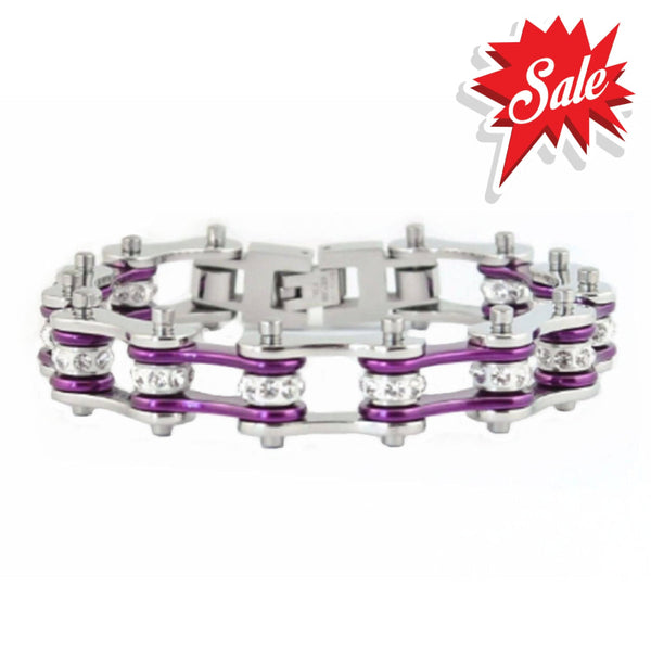 Sk1103 1/2’’ Wide Two Tone Silver Candy Purple With White Crystal Centers Stainless Steel