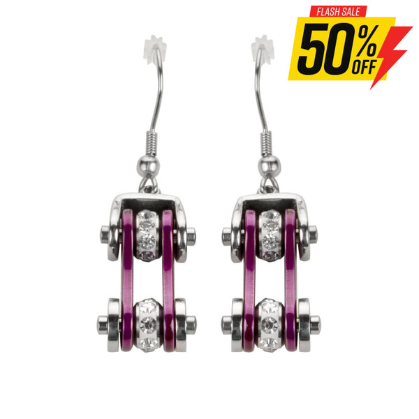 Sk1103E Two Tone Silver Candy Purple Crystal Centers Bike Chain Earrings Stainless Steel Motorcycle