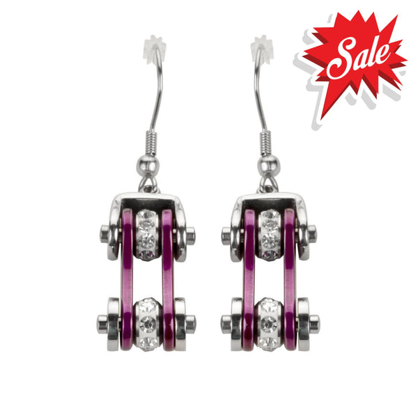 Sk1103E Two Tone Silver Candy Purple Crystal Centers Bike Chain Earrings Stainless Steel Motorcycle