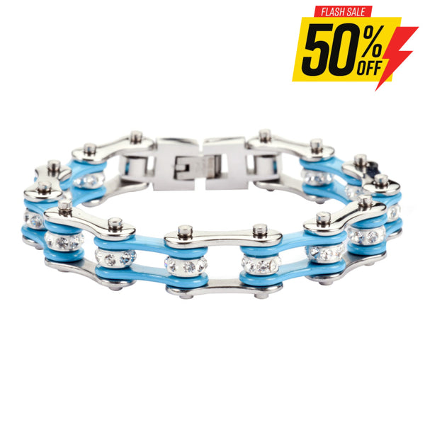 Sk1104 1/2’’ Wide Two Tone Silver Turquoise With White Crystal Centers Stainless Steel