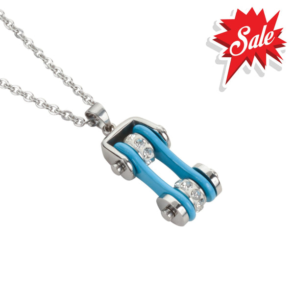 Sk1104N Ladies Bike Chain Silver Turquoise Crystal Bling Necklace 19’’ Stainless Steel