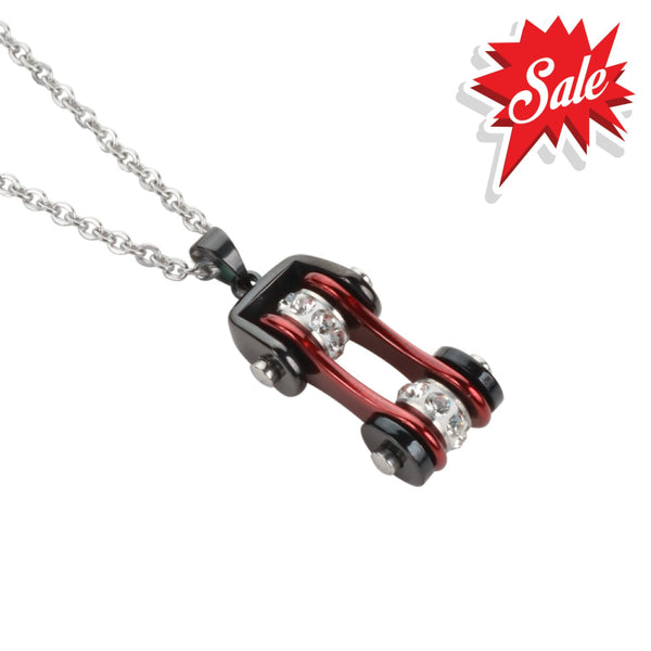 Sk1106N Ladies Bike Chain Black Candy Red Crystal Bling Necklace 19’’ Stainless Steel