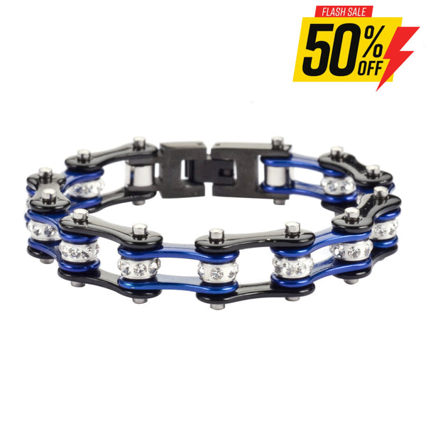 Sk1107 1/2’’ Wide Two Tone Black Candy Blue White Crystal Centers Ladies Bracelets