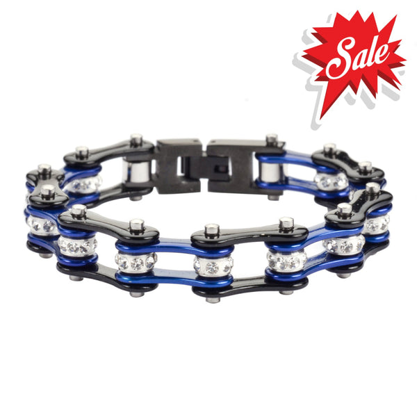 Sk1107 1/2’’ Wide Two Tone Black Candy Blue White Crystal Centers Ladies Bracelets