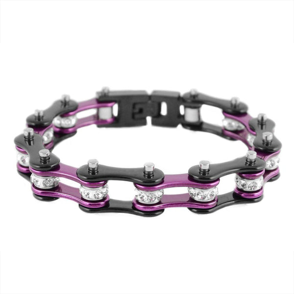 Sk1109 1/2’’ Wide Two Tone Black Purple With White Crystal Centers Stainless Steel Motorcycle