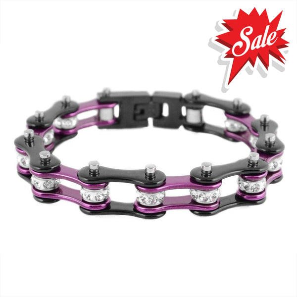 Sk1109 1/2’’ Wide Two Tone Black Purple With White Crystal Centers Stainless Steel Motorcycle