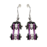 Sk1109E Two Tone Black Candy Purple Crystal Centers Bike Chain Earrings Stainless Steel Motorcycle