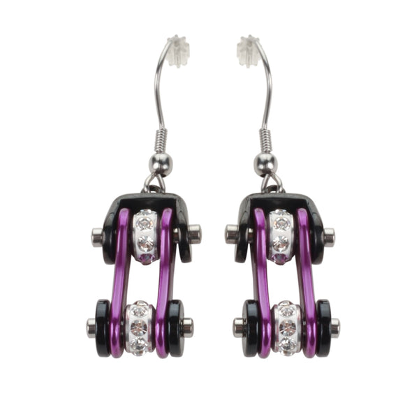 Sk1109E Two Tone Black Candy Purple Crystal Centers Bike Chain Earrings Stainless Steel Motorcycle