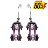 Sk1109E Two Tone Black Candy Purple Crystal Centers Bike Chain Earrings Stainless Steel Motorcycle