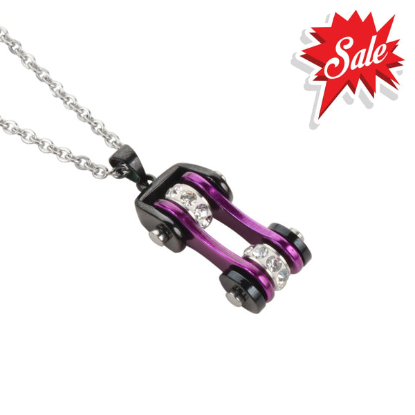 Sk1109N Ladies Bike Chain Black Candy Purple Crystal Bling Necklace 19’’ Stainless Steel