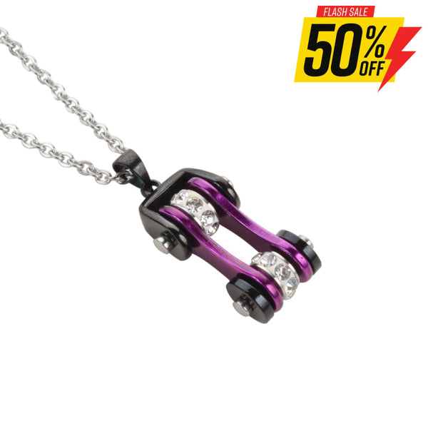 Sk1109N Ladies Bike Chain Black Candy Purple Crystal Bling Necklace 19’’ Stainless Steel