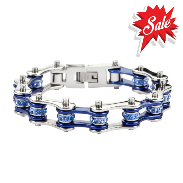 Sk1110 1/2’’ Wide Two Tone Silver Candy Blue With Crystal Centers Stainless Steel Motorcycle