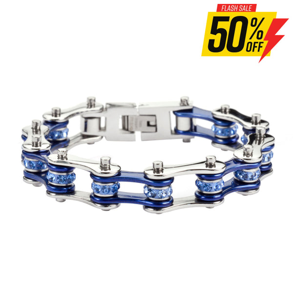 Sk1110 1/2’’ Wide Two Tone Silver Candy Blue With Crystal Centers Stainless Steel Motorcycle