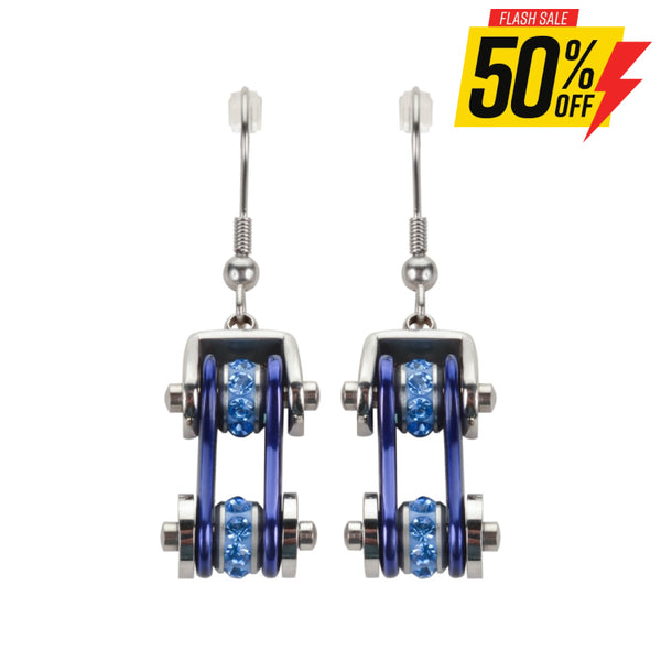 Sk1110E Two Tone Silver Blue With Crystal Centers Bike Chain Earrings Stainless Steel Motorcycle