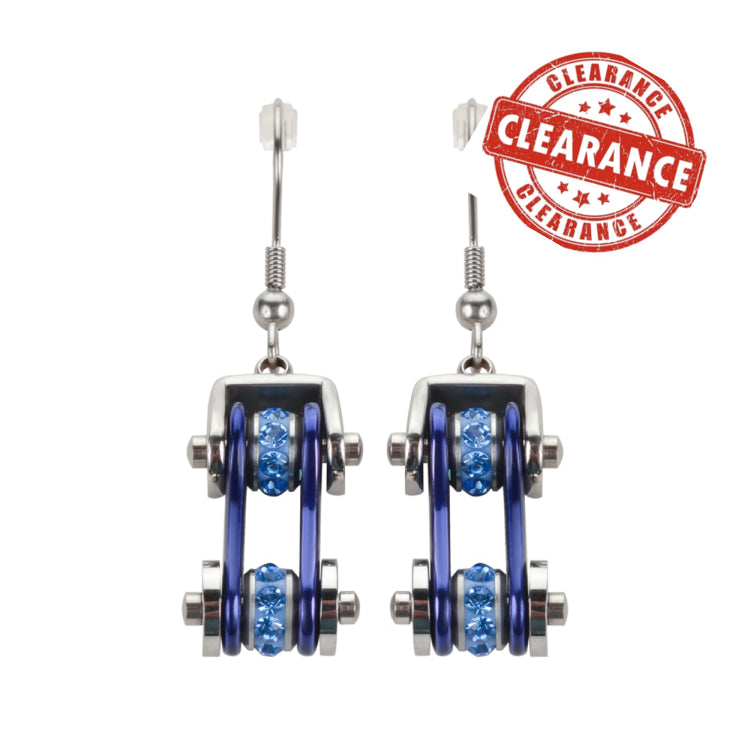 Sk1110E Two Tone Silver Blue With Crystal Centers Bike Chain Earrings Stainless Steel Motorcycle