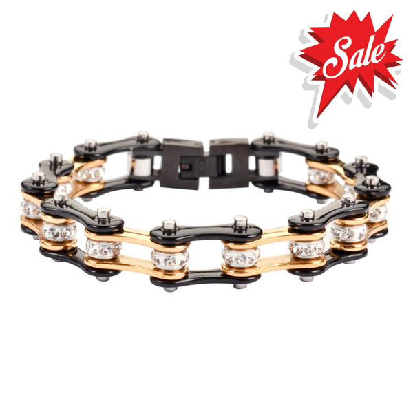 Sk1113 Two Tone Gold Black With White Crystal Centers Ladies Bracelets