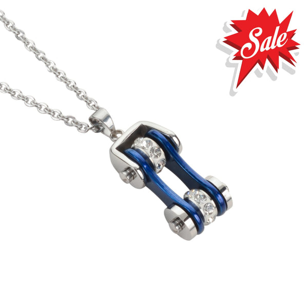 Sk1115N Ladies Bike Chain Silver Candy Blue Crystal Bling Necklace 19’’ Stainless Steel