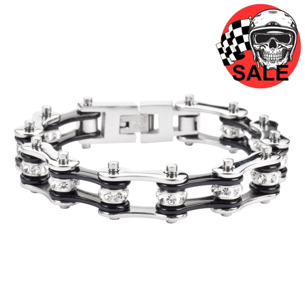 SK1116 Two Tone Silver Black Crystal Centers Stainless Steel Motorcycle Bike Chain Bracelet Ladies Bracelets