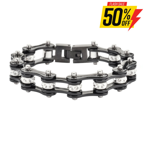 Sk1117 1/2’’ Wide All Black With White Crystal Centers Stainless Steel Motorcycle Bike Chain