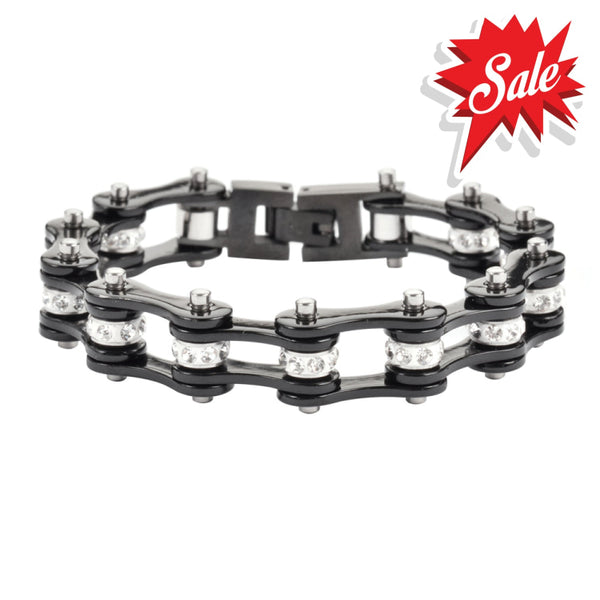 Sk1117 1/2’’ Wide All Black With White Crystal Centers Stainless Steel Motorcycle Bike Chain