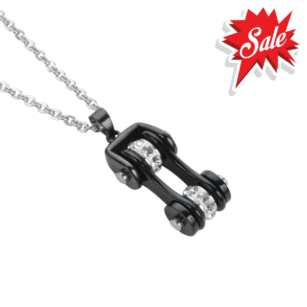 Sk1117N Ladies Bike Chain All Black Crystal Bling Necklace 19’’ Stainless Steel Motorcycle