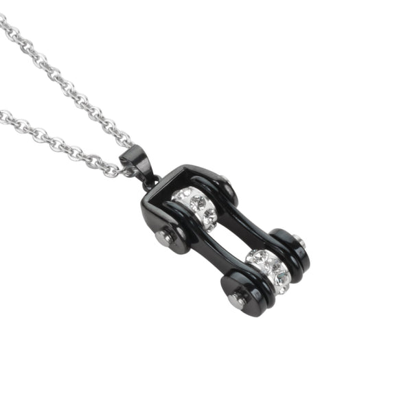 Sk1117N Ladies Bike Chain All Black Crystal Bling Necklace 19’’ Stainless Steel Motorcycle