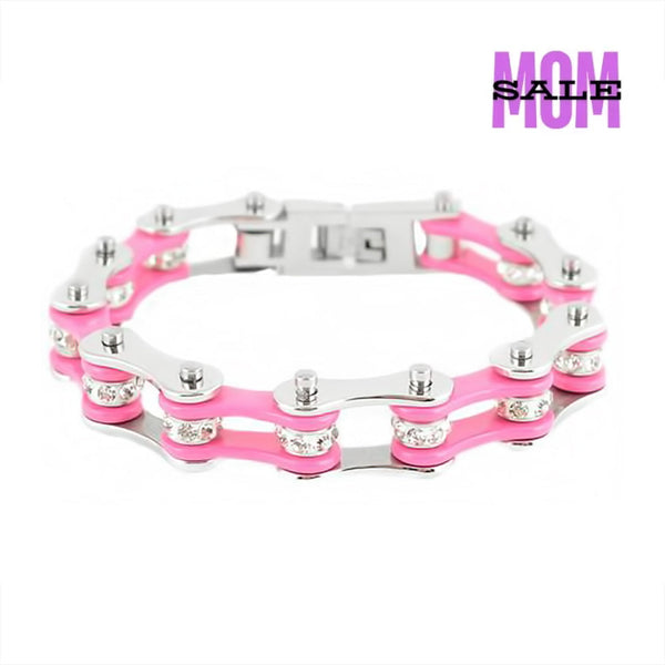 Sk1118 Wide Two Tone Silver Pink With White Crystal Rollers Stainless Steel Motorcycle Bike Chain