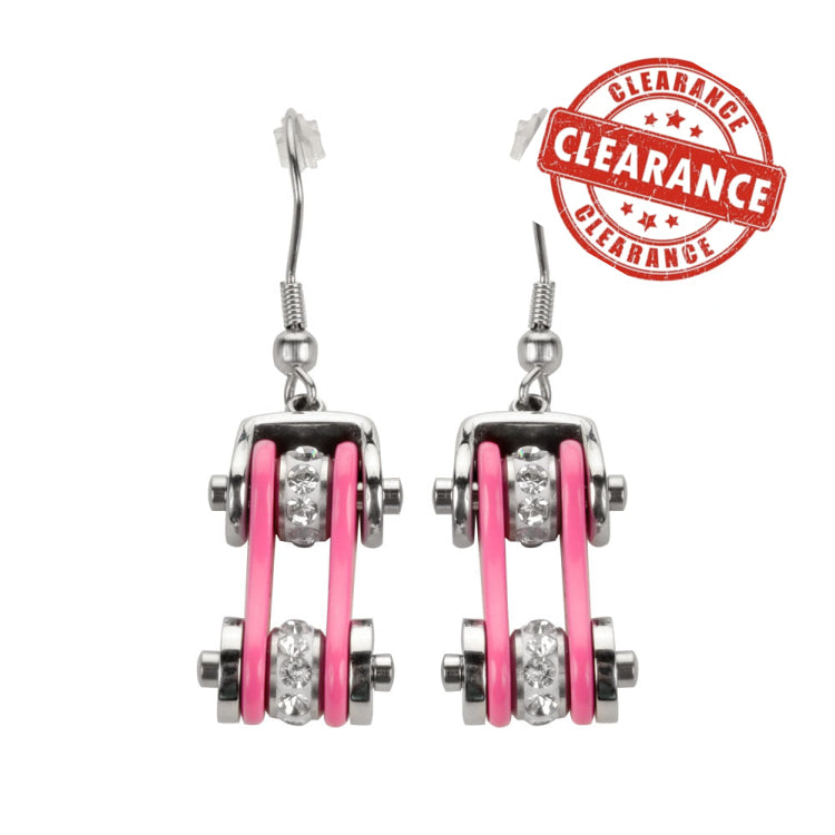 Sk1118E Two Tone Silver Pink Crystal Centers Bike Chain Earrings Stainless Steel Motorcycle Biker