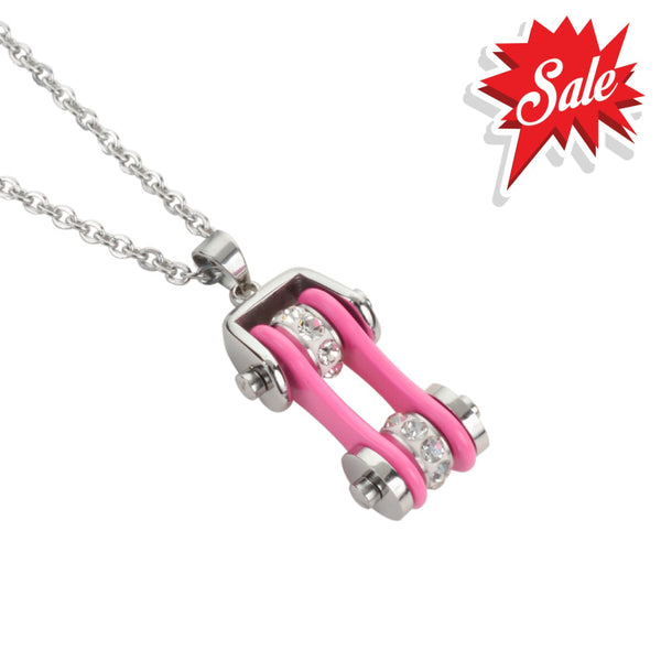 Sk1118N Ladies Bike Chain Silver Hot Pink Crystal Bling Necklace 19’’ Stainless Steel